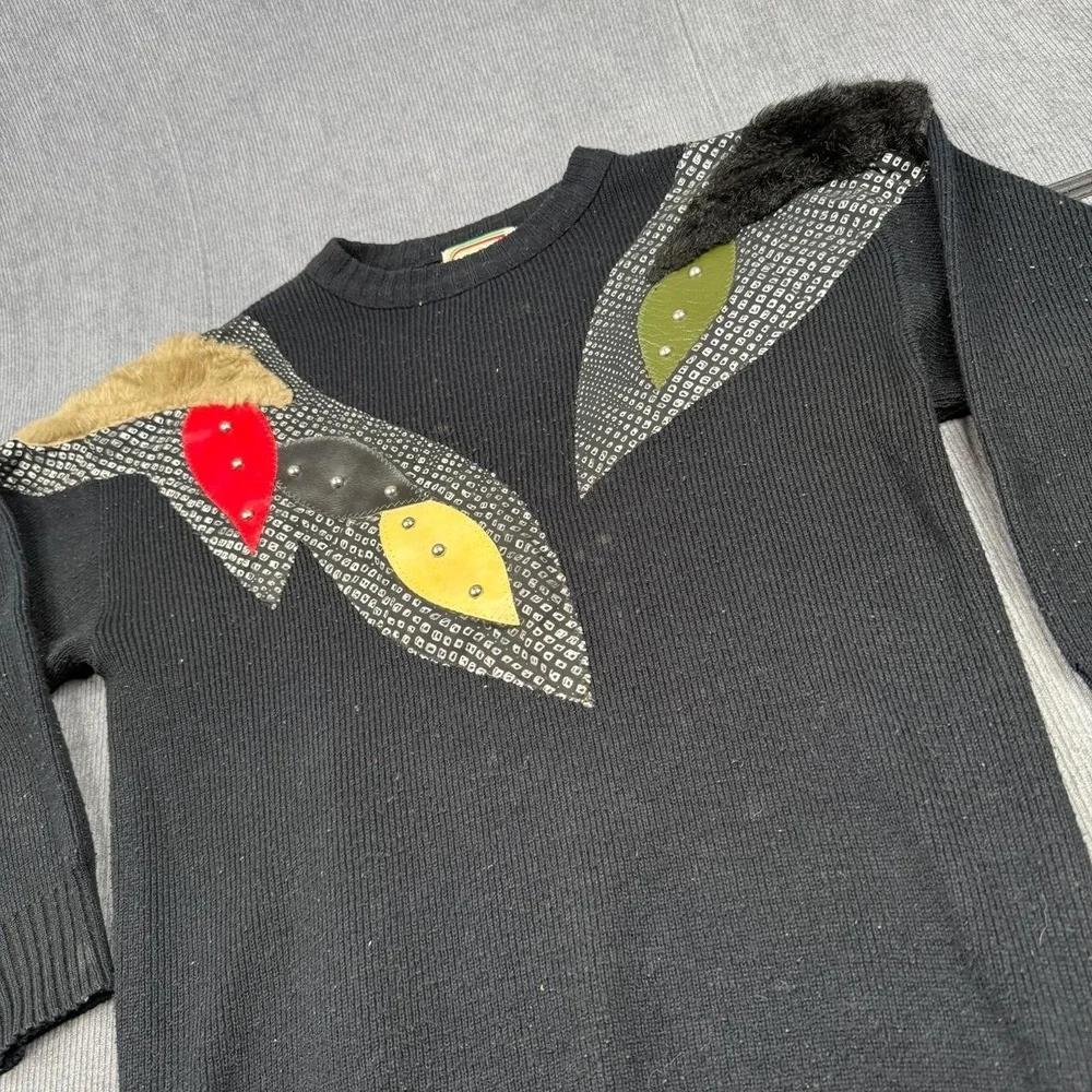 Vintage 80s BB Knit USA Sweater Size S Black Studded Leather Patchwork Oversized